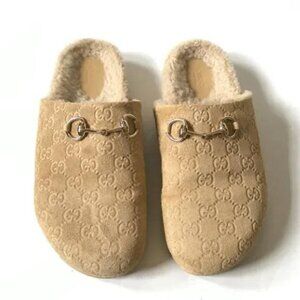 Horsebit Gucci GG Suede Shearling Mules Beige Size 38